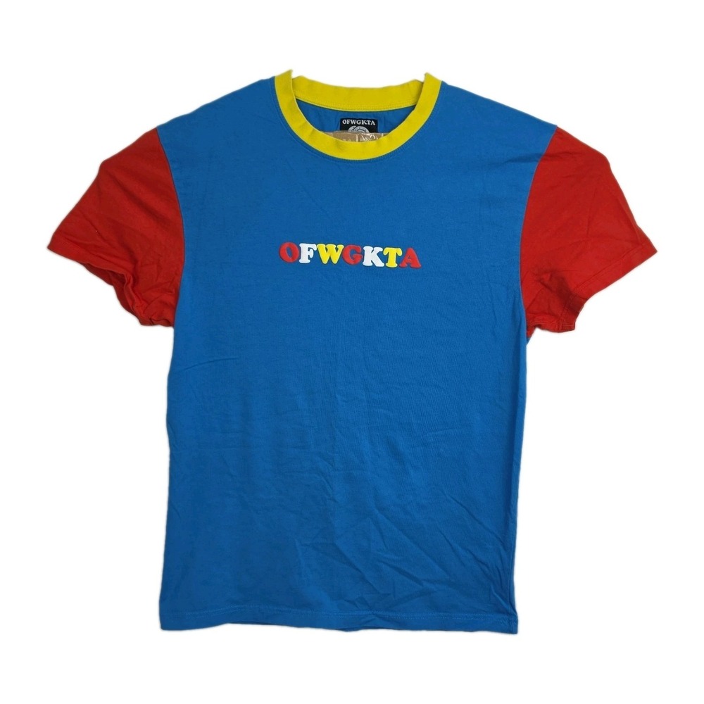 OFWGKTA T-Shirt Men's L Blue/Red/Yellow‎ Colorblock Puff Print Crew Neck